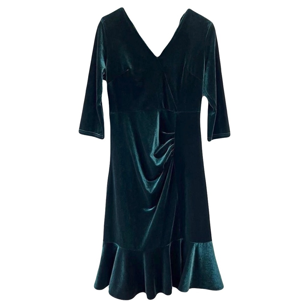 Metisu Green Velvet Midi Dress Gathered Ruffle Dark Green Size M